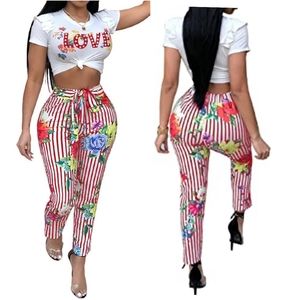 Short Sleeve Letter Floral Print Crop Top + Long Pants Two-Piece Jumpsuit Outfit